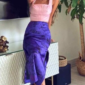 Zara Satin Oriental Print Midi Skirt in Purple - size Medium